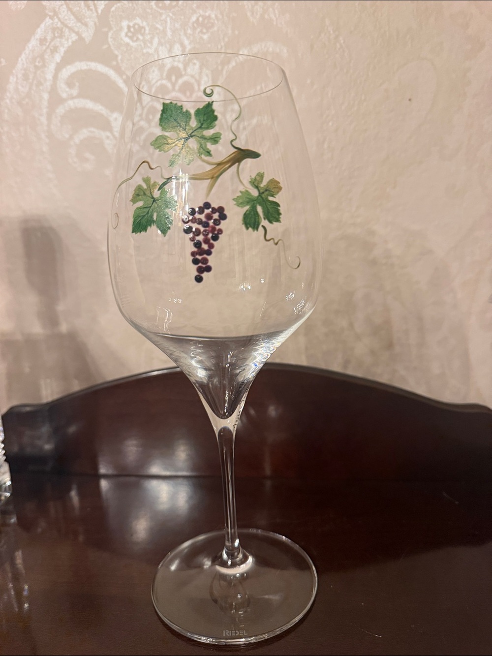 Riedel hand painted grapes and vine glass stamped Riedel with artist signature